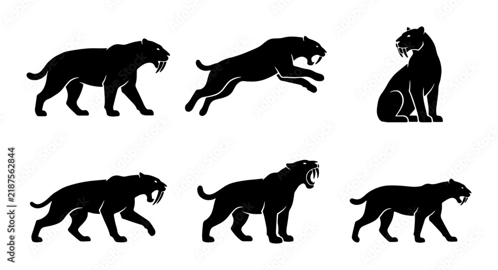 Obraz premium Saber-Toothed Cat Silhouettes, Prehistoric Animal Poses, Vector Set of Wild Feline Icons