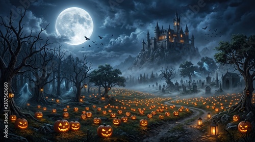 Haunting Halloween Night with Spooky Castle and Jack-o'-Lanterns