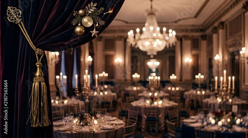 Grand ballroom decorated for elegant christmas or new year's eve party with elaborate tables and chandeliers with border frame and copy space