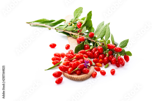 Obraz na płótnie Fresh goji berries with green leaves on white background
