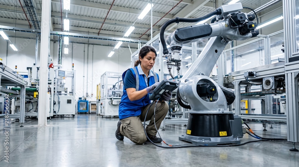 Fototapeta premium Female Engineer Programming Industrial Robotic Arm in Factory Photo - robotic arm, industrial robot, female engineer, automation, factory worker, manufacturing, robotics engineer, teach pendant
