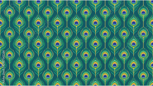 Seamless pattern of stylized peacock feathers in vibrant teal blue and gold on a dark background