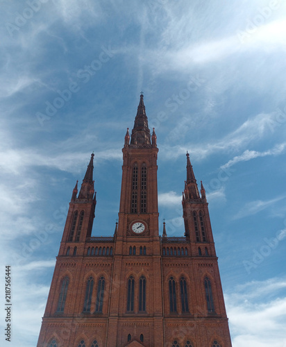 Front view of Marktkirche clock tower in Wiesbaden, Germany