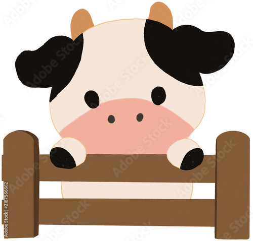 Fotografía Cute Cow Peeking Over Wooden Farm Fence Cartoon Illustration