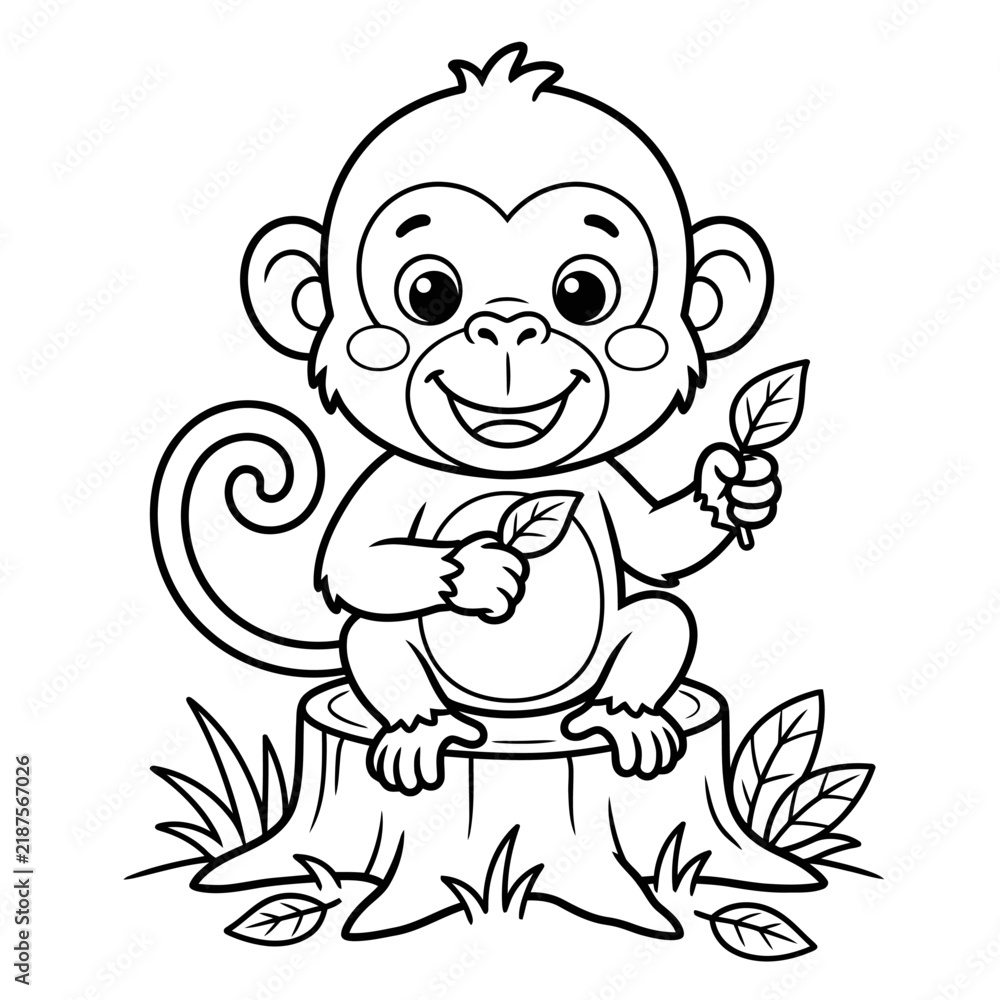 Fototapeta premium Cute cartoon monkey animal character sitting on a tree stump for children coloring page