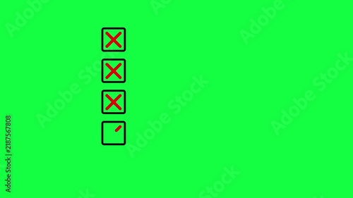 Five bullet point multiple choice checklist presentation boxes with crosses animation on green background. Red wrong incorrect cross square boxes for rejection, evaluation or form completion concepts