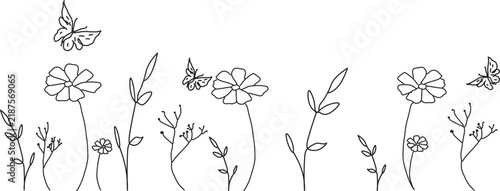 Wildflowers and butterflies border. Line art floral vector isolated on White Background. Line art design illustrations