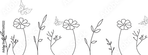 Wildflowers and butterflies line art. Floral border vector isolated on White Background. Line art design illustrations