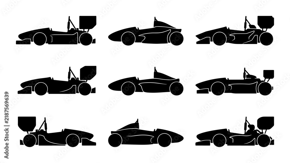 Obraz premium Formula 1 Race Cars, Speeding Sports Vehicles, Motorsport Icons Set, Black Silhouette Vector Graphics