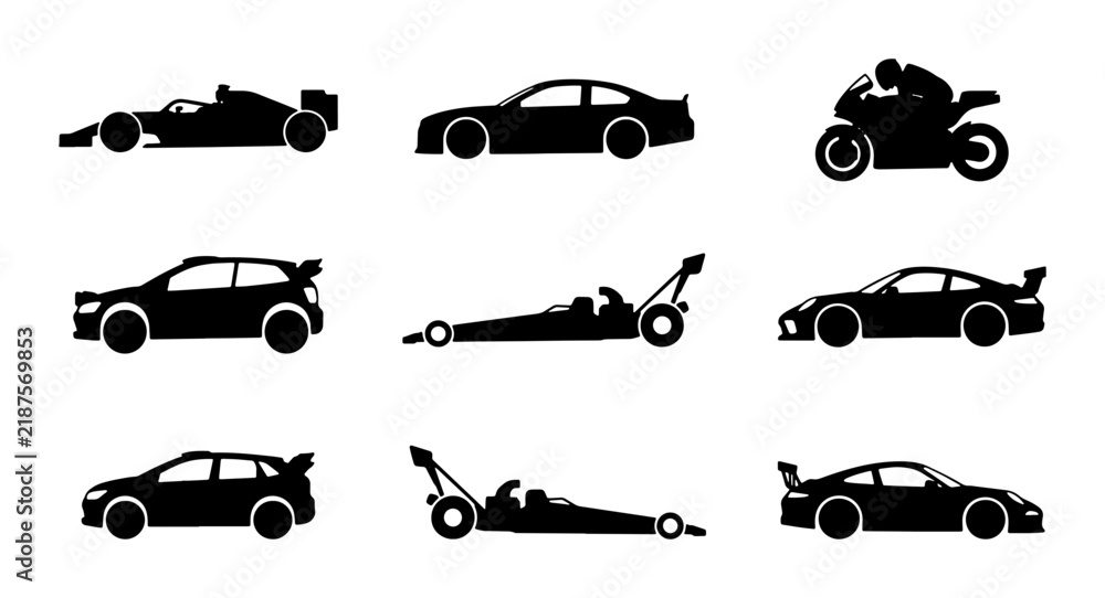Obraz premium Set of 9 Black Silhouette Vehicles: Sports Cars, Dragsters, Motorcycle, Formula 1
