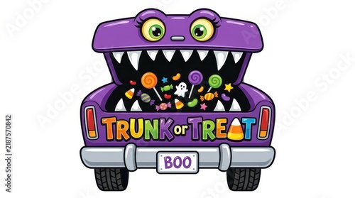 Halloween Trunk or Treat Illustration Featuring a Purple Monster Car Filled with Assorted Candies