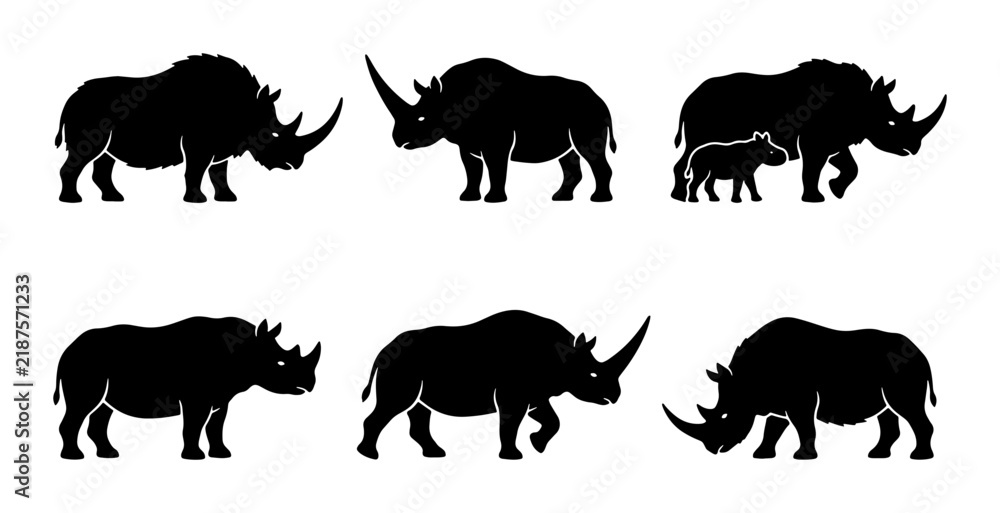 Obraz premium Rhino Silhouettes Vector Set: Majestic African Wildlife, Parent and Calf, Graphic Icons