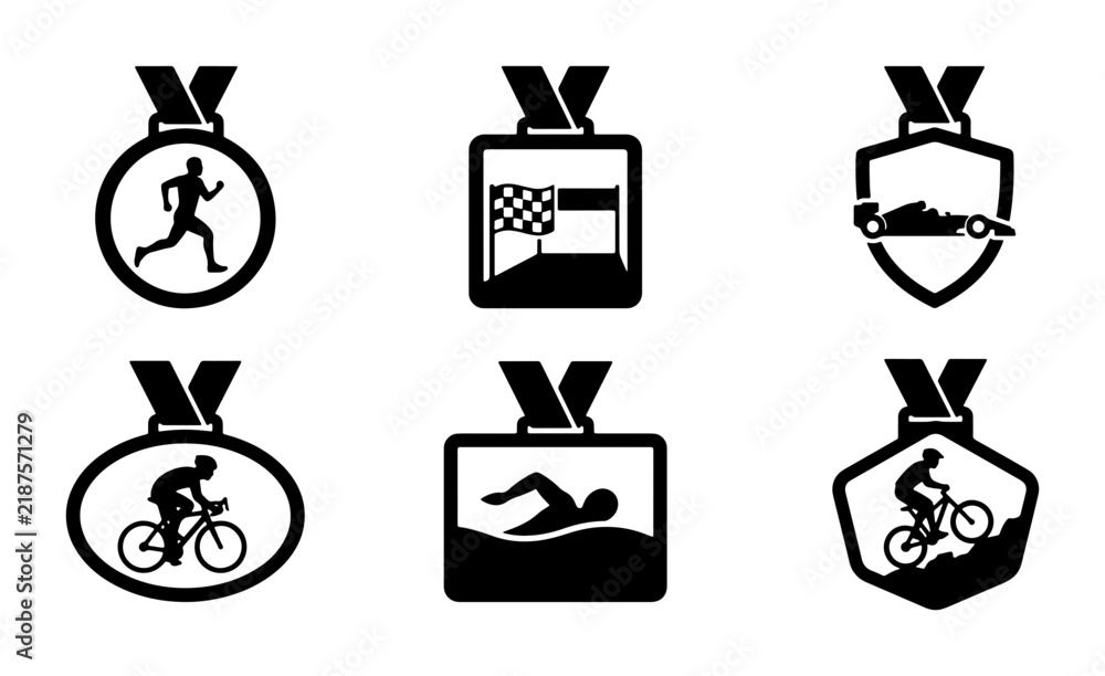 Obraz premium Sports Medals Vector Icons: Running, Cycling, Swimming, Racing, Triathlon Awards