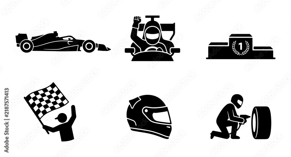 Obraz premium Formula 1 Racing Icons: Speed, Victory, and Pit Stop Vector Set