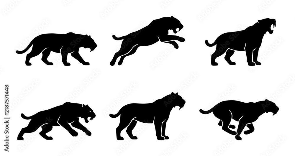 Obraz premium Saber-Toothed Cat Silhouettes, Prehistoric Animal Poses, Vector Icons for Wildlife and Evolution Themes