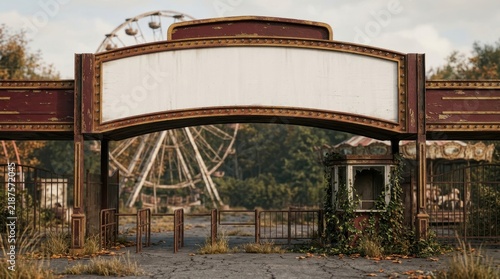 Abandoned Amusement Park Entrance with Large Blank Marquee Board Mockup, Spooky Halloween Carnival Scene with Ferris Wheel for Horror Event Promotion and Advertising Copy Space