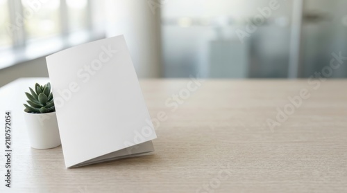 Blank White Brochure Mockup on Modern Office Desk with Potted Plant, Professional Workplace Mental Health and Employee Assistance Program Concept with Large Copyspace