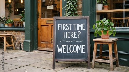 A sidewalk chalkboard sign saying first time here welcome placed outside a charming small business cafe entrance