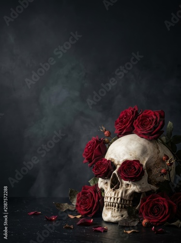 Macabre Editorial Human Skull with Dark Red Roses and Copy Space on Smoky Background