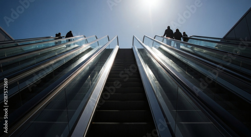Silhouettes of people ascending modern escalators under bright sunlight and clear sky