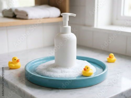 Simple white dispenser bottle with soap suds and rubber ducks on bathroom counter