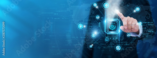 Obraz na płótnie Businessman touching machine learning and networking data. Predictive analytics, intelligent algorithms, data modeling, automated insights, digital innovation.