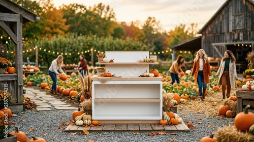 Premium Minimalist White Retail Display Unit in a Rustic Autumn Pumpkin Patch Setting for Seasonal Product Launch and Halloween Advertising Banner Mockup