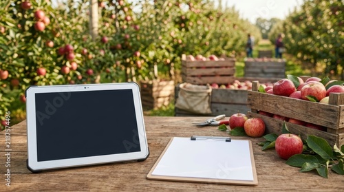 Blank Quality Inspection Tablet and Clipboard Mockup on Rustic Wood Table in Apple Orchard, Harvest Season Agricultural Management and Digital Technology Concept
