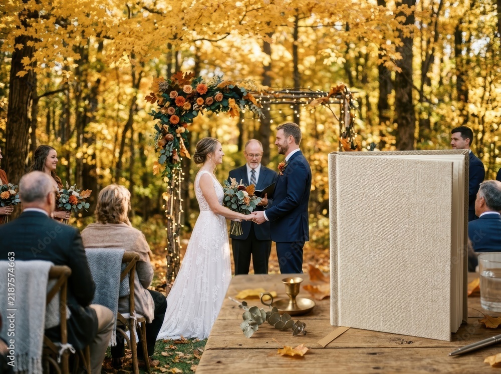 Obraz premium Blank linen vow book mockup at autumn outdoor wedding ceremony