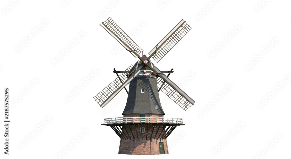 Fototapeta premium Traditional Dutch windmill with rotating sails against a clean background for agricultural concepts Isolated on transparent background