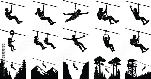 Zipline Adventure Silhouette Vector Icon Set