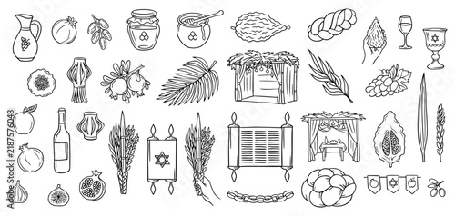 Sukkot hand drawn doodle design elements isolated on white background.