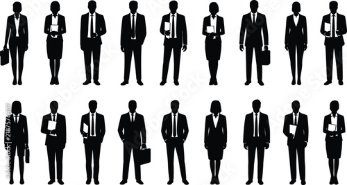 Diverse group of business professionals, men and women, in silhouette, standing formally with briefcases and documents, against a white background
