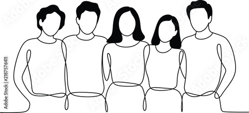 Minimalist continuous line of five diverse individuals standing together, black ink on white background