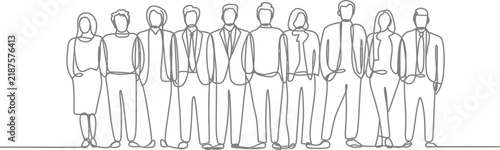 Group of diverse people standing together in a minimalist continuous line representing unity and collaboration