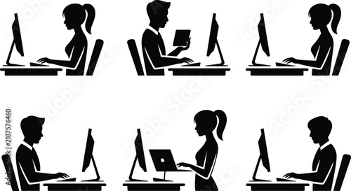 Silhouettes of men and women working on computers and laptops at desks in an office setting, black on white background