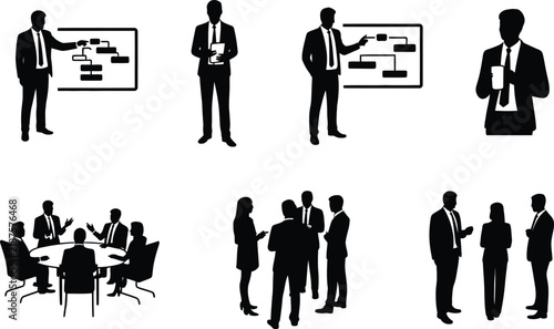 Silhouettes of business people in various settings, including presentations, meetings, and discussions