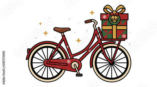 Christmas Gift Delivery Sticker with Vintage Bicycle, Wrapped Present, Wreath, Bells and Festive Holiday Decorations Isolated on White Background
