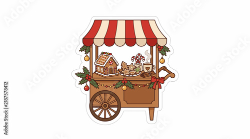 Festive Christmas Bakery Cart Sticker with Gingerbread House, Holiday Cookies, Candy Canes, Hot Cocoa, Evergreen Branches and Colorful Decorations