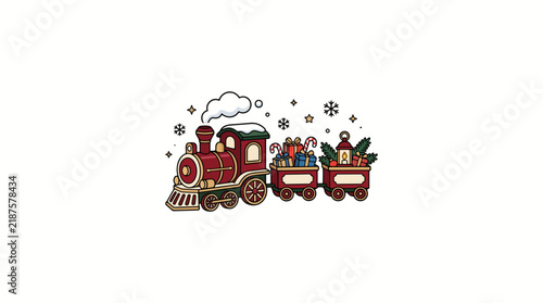 Mini Vintage Christmas Toy Train Carrying Wrapped Gifts, Evergreen Branches, Candy Canes and Golden Lantern with Festive Holiday Decorations