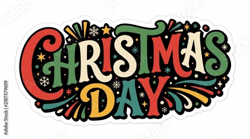Colorful christmas day text design with festive decorative elements and stars for seasonal holiday greeting cards