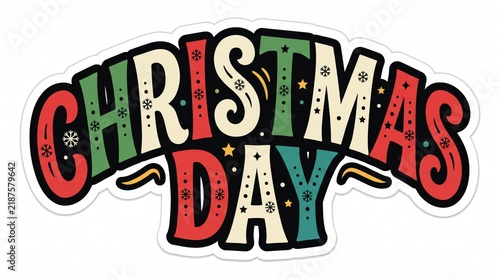 Colorful christmas day typography design with decorative snowflake patterns and festive red green and yellow colors