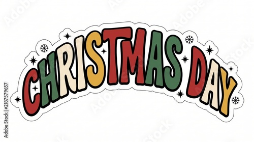Colorful christmas day text label with decorative stars and snowflake elements for festive holiday greeting cards