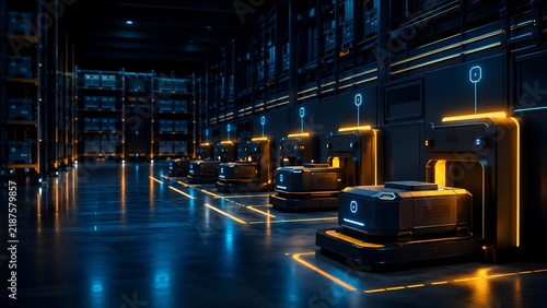 Row of autonomous mobile robots charging in dark futuristic warehouse. Automated logistics system and smart industrial supply chain technology.
