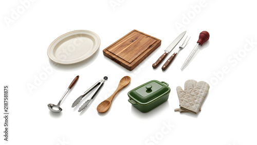 Thanksgiving Rustic Kitchen Utensils and Cookware Set Isolated on White Background. Assorted Wooden and Metal Cooking Accessories. Sustainable Groceries and Tableware Collection for Food Preparation.