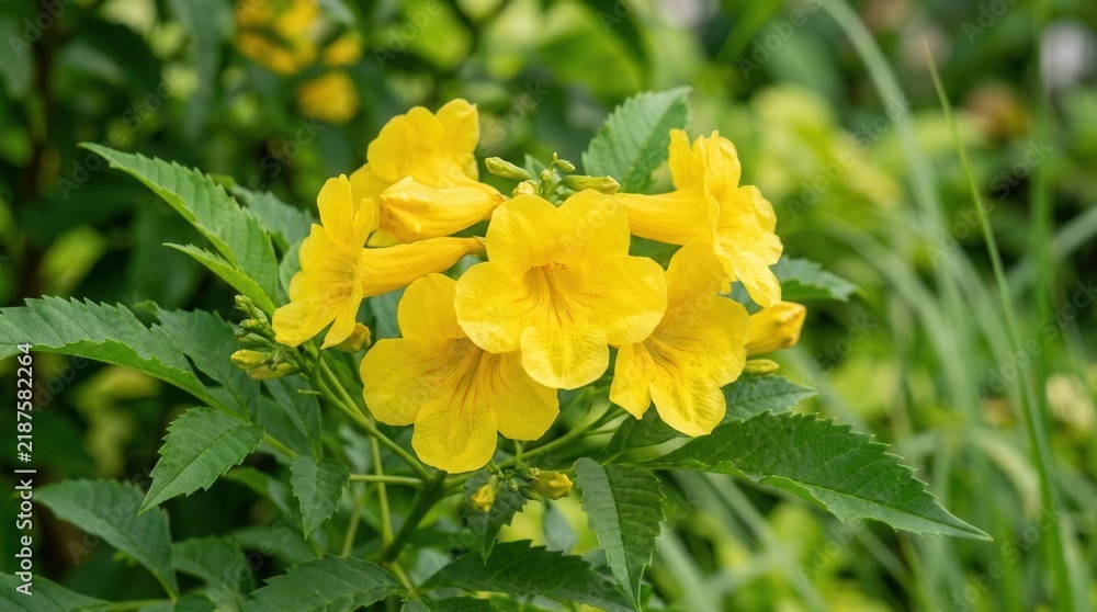 Fototapeta premium Yellow trumpet flowers blooming fully among abundant green garden vegetation