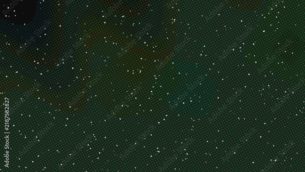 Fototapeta premium Abstract halftone starry night sky background with green dots and glowing stars