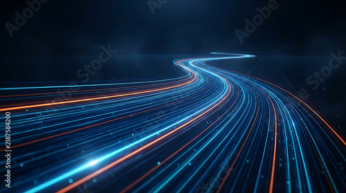 Blue neon light tunnel on dark city road at night with motion blur effect