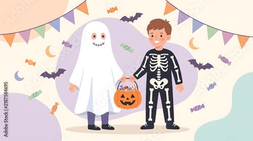 Two children in ghost and skeleton costumes trick or treating for Halloween