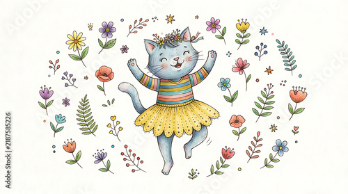 Colorful floral illustration with dancing ballerina and musical notes
